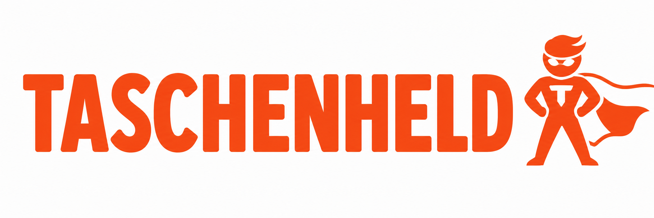 Taschenheld – orangefarbenes Logo mit Held auf weißem Hintergrund
